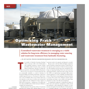 Industrial wastewater treatment facility with large storage tanks and text overlay about optimizing frack wastewater management through centralized treatment for improved efficiency and hydraulic fracturing.