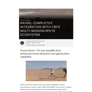 A field setup with RF equipment and a camera tripod; headline reads, “RAFAEL completes integration with CRFS’ multi-mission Rfeye ecosystem.”.
