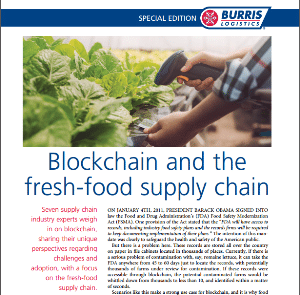A person scans leafy greens in a garden; text discusses blockchain’s role in the fresh-food supply chain, featuring Burris Logistics branding.