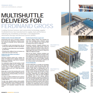 Magazine article titled “MULTISHUTTLE DELIVERS FOR FERDINAND GROSS” with images of automated storage systems and warehouse diagrams.