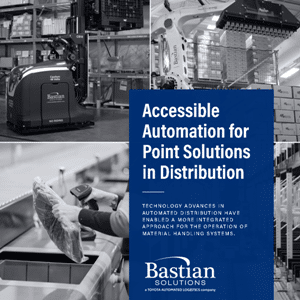A collage showing automated machinery and a worker handling a package, with a text overlay promoting automation solutions in distribution by Bastian Solutions.