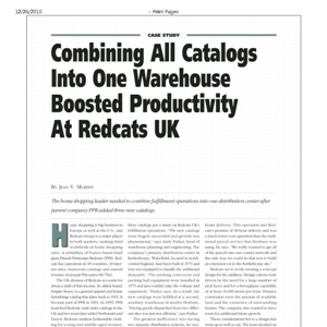 Magazine page titled “Combining All Catalogs Into One Warehouse Boosted Productivity At Redcats UK” with text and a byline by Joan Y. Mwnan.