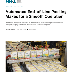 A conveyor belt carries boxes of tea under an automated packing system in a warehouse, as featured in an article about end-of-line automation.