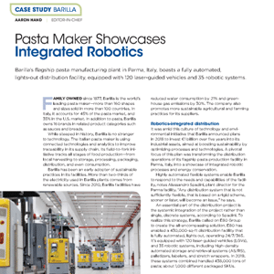 Barilla pasta factory interior with yellow robotic machines, safety barriers, and overhead lighting in an industrial manufacturing setting.