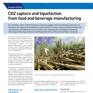 A magazine article discusses CO2 capture and liquefaction in food manufacturing, featuring a bird standing among harvested sugarcane plants.