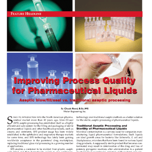 Magazine article titled “Improving Process Quality for Pharmaceutical Liquids” with images of lab equipment, vials, and a syringe, discussing aseptic processing methods.