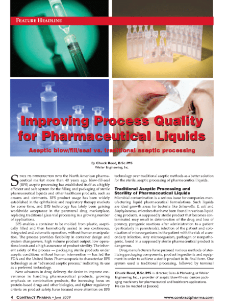 A magazine page titled “Improving Process Quality for Pharmaceutical Liquids” with images of vials and columns of text discussing aseptic processing methods.