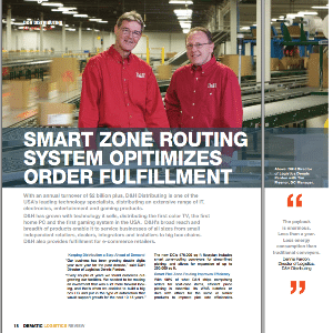Two men stand smiling in a warehouse near conveyor belts. Large text reads, “Smart Zone Routing System Optimizes Order Fulfillment.” The image is part of a logistics industry publication.