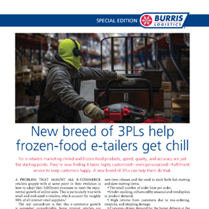 Warehouse worker in a neon hoodie moves boxes with a hand truck; headline discusses how new 3PLs support frozen-food e-tailers with customized fulfillment services.