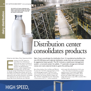 A glass and a bottle of milk are pictured next to an article about a large dairy product distribution center with a warehouse scene in the background.