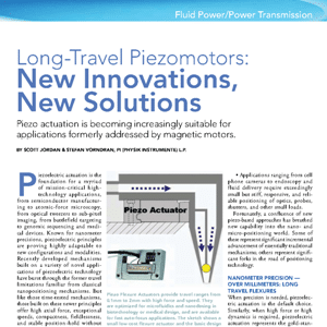 Magazine article titled “Long-Travel Piezomotors: New Innovations, New Solutions” with diagram of a piezo actuator and technical text about piezo actuation in various applications.