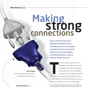Close-up of two medical tube connectors about to join, with the heading “Making strong connections” and technical text in the background.