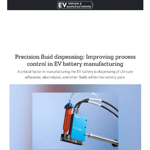 A close-up of a precision fluid dispensing device used for applying fluids in electric vehicle battery manufacturing.