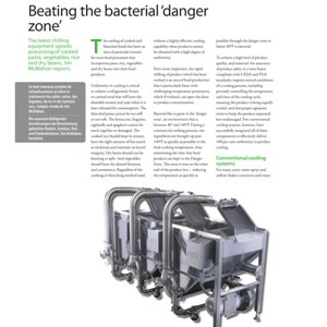 Three industrial cooling machines are positioned in a row, accompanied by green-highlighted text about improving food safety during processing by quickly reducing temperature.