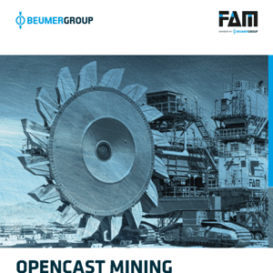 A large industrial bucket wheel excavator operates in an open-pit mine, with BEUMER Group and FAM logos visible at the top of the image.