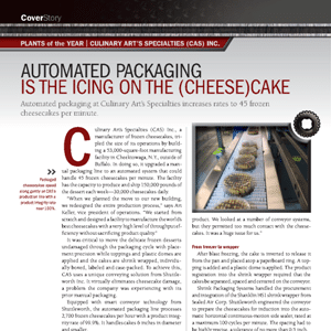 Magazine article page with the headline “Automated Packaging is the Icing on the (Cheese)Cake,” an image of cheesecakes on a production line, and columns of text about packaging innovations.