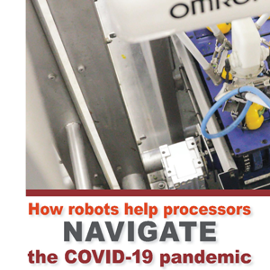 A robotic arm operates machinery with the text: “How robots help processors navigate the COVID-19 pandemic.”.
