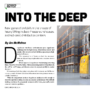Magazine article titled “INTO THE DEEP” with an image of a yellow automated vehicle in a warehouse with high racks and stacked goods.