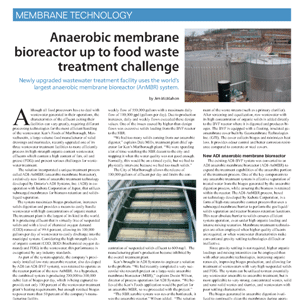 Newspaper article titled “Anaerobic membrane bioreactor up to food waste treatment challenge” with images of wastewater treatment facilities and equipment.