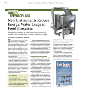 Magazine page with the headline “New Instruments Reduce Energy, Water Usage in Food Processes,” an image of industrial equipment, and an advertisement for “Easy Loader” in the bottom right corner.