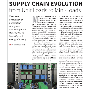 Magazine article titled “Supply Chain Evolution from Unit Loads to Mini-Loads” includes a small photo of a high-tech automated storage system with rows of crates and computer screens.