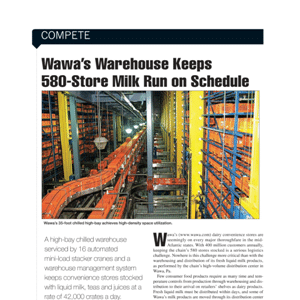 High-bay warehouse with automated cranes and conveyors stores dairy products for efficient supply to 580 stores, as described in the Wawa article headline.