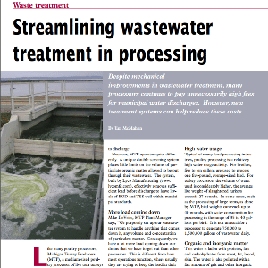 Magazine article titled “Streamlining wastewater treatment in processing” with a photo of an industrial water treatment facility showing water in a concrete basin.