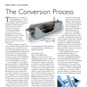 Magazine page showing an article titled “The Conversion Process,” with images of industrial equipment related to biogas or anaerobic digestion. Text discusses biogas production and conversion methods.