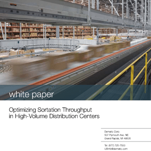 Conveyor belts transport packages in a distribution center, illustrating a white paper on optimizing sortation throughput in high-volume distribution centers.