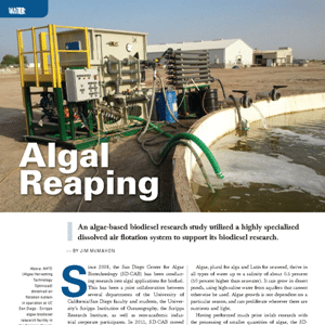 A specialized machine processes algae in a large outdoor tank as part of a biodiesel research study, with buildings visible in the background.