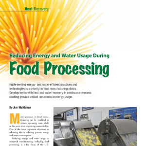 Magazine article titled “Reducing Energy and Water Usage During Food Processing” with an image of food processing equipment and water spray.