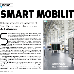 A factory interior shows an automated mobile robot transporting stacked bins, with industrial equipment and high ceilings in the background.