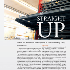 Magazine article about vertical lifts in metal forming shops, featuring the text “STRAIGHT UP” over a background image of industrial lift equipment in a warehouse.