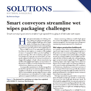 Magazine article titled “Smart conveyors streamline wet wipes packaging challenges” with text discussing automation in wet wipes packaging and an image of a conveyor system.