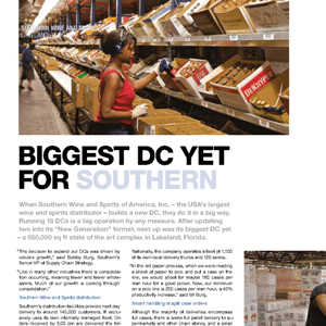 A woman in a warehouse stocks shelves with boxes. Text on the image discusses the expansion of Southern Wine and Spirits’ distribution center in Lakeland, Florida.