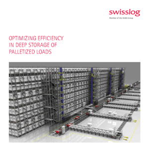 Warehouse with automated storage and retrieval systems for palletized loads, featuring tall racks, conveyor belts, and robotic shuttles; Swisslog branding in the upper right corner.
