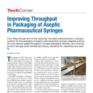Magazine article titled “Improving Throughput in Packaging of Aseptic Pharmaceutical Syringes” with text and images of conveyor systems and packaged syringes.