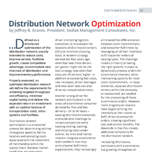 A magazine page titled “Distribution Network Optimization” with text discussing distribution networks, logistics, and cost reduction strategies; the first letter is a large, bold “D”.