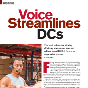 Man wearing a headset stands in a warehouse; headline reads “Voice Streamlines DCs” above an article about voice systems improving picking efficiency.