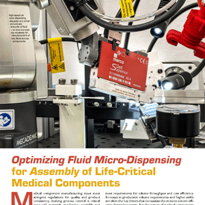 Close-up of automated machinery performing fluid micro-dispensing for the assembly of medical components, with a red electronic device labeled “jJet Broadcaster” visible.