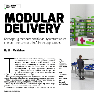Magazine article titled “Modular Delivery” with an image of a pharmacy interior and a person picking up packages at a counter. Shelves display green products and an information sign is visible.