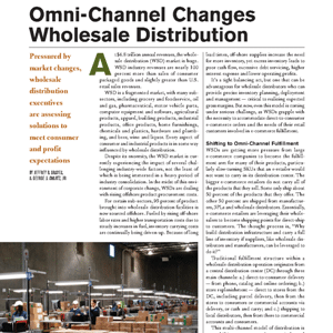 Magazine article titled “Omni-Channel Changes Wholesale Distribution,” with text and a photo showing a busy warehouse filled with shelves, boxes, and workers.
