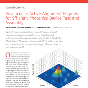 Scientific article page titled “Advances in Active Alignment Engines for Efficient Photonics Device Test and Assembly” with a graph and colored 3D shapes at the bottom.