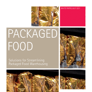 Cover of a white paper titled “Packaged Food” with images of gold-wrapped food products and text about streamlining packaged food warehousing.