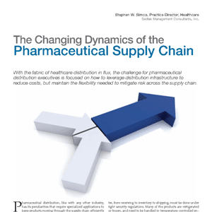 Three arrows—blue, light blue, and white—converge at a central point below the title “The Changing Dynamics of the Pharmaceutical Supply Chain.”.