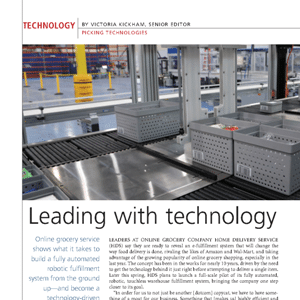 Conveyor system with gray bins and automated machinery in a warehouse setting; article headline reads “Leading with technology.”.