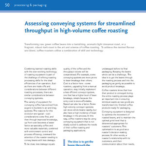 A magazine page titled “Assessing conveying systems for streamlined throughput in high-volume coffee roasting” with two columns of text and a blue text box.