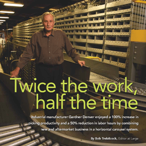A man stands in a warehouse with conveyor belts and metal shelves. Text reads, “Twice the work, half the time,” discussing productivity improvements in industrial manufacturing.