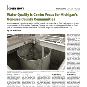 Magazine article titled “Water Quality is Center Focus for Michigan’s Genesee County Communities” with an image of a circular water treatment tank inside a facility.