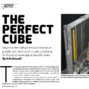 Magazine article titled “The Perfect Cube” discusses robot palletizing in food and beverage. Image shows a robotic arm near a palletizing station.